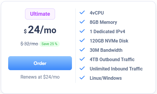 The ULightHost Ultimate VPS: 4 vCPU, 8GB RAM, 120GB NVMe, and 4TB Traffic for $24/mo